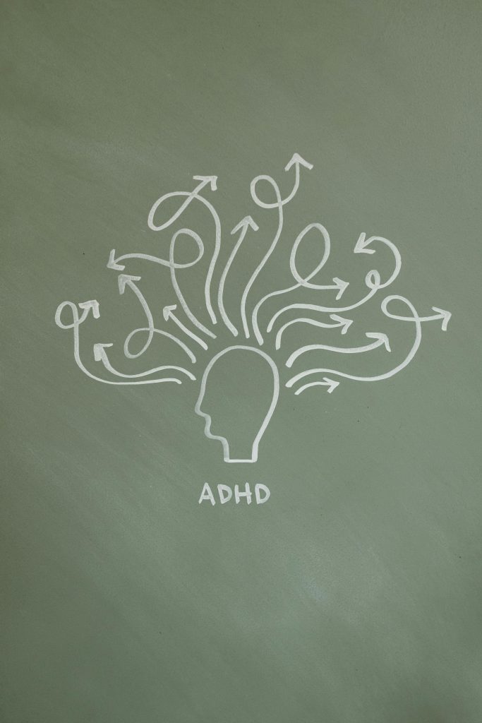 Creative ADHD illustration on chalkboard depicting thought processes with arrows.